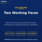 Key feature | Securadeal Blue Harden Marketing Banner Showing the Key Feature two Working Faces with a Yellow Underline Three Gold outlined Buttons Reading built to Last trade grade diy Friendly and the Product Line harden Ball Pein Hammer with Fibreglass Handle