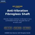 Harden Product Hero Anti vibration Fibreglass Shaft Headline on a Blue Background with Three Yellow outlined Buttons Reading Built to Last Trade grade Diy Friendly and a Bottom Caption for Harden Claw Hammer with Fibreglass Handle