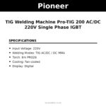 PIONEER TIG Welding Machine Pro-TIG 200 AC/DC 220V Single Phase IGBT – specifications | Securadeal Pioneer Tig Welding Machine Pro tig 200 Acdc 220v Single Phase Igbt Specifications